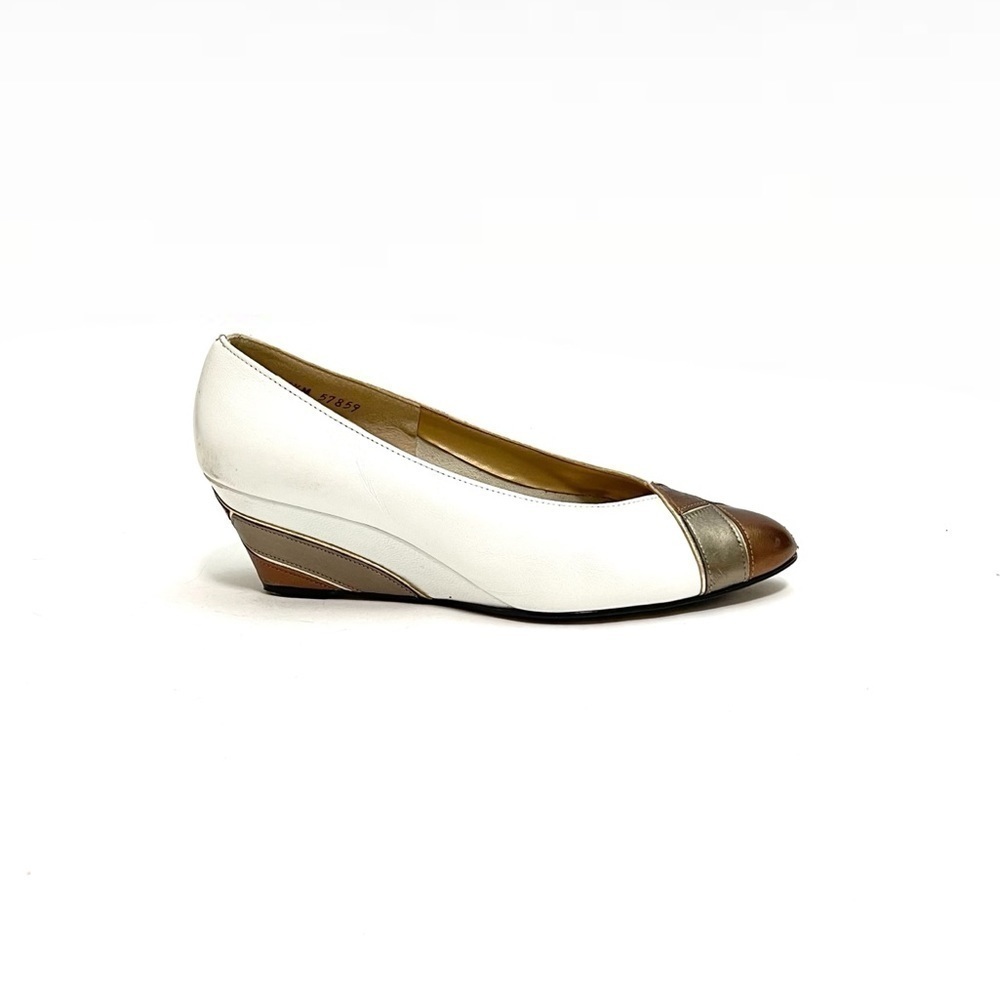 Vintage 1980s white leather bronze accent slip on wedge heels